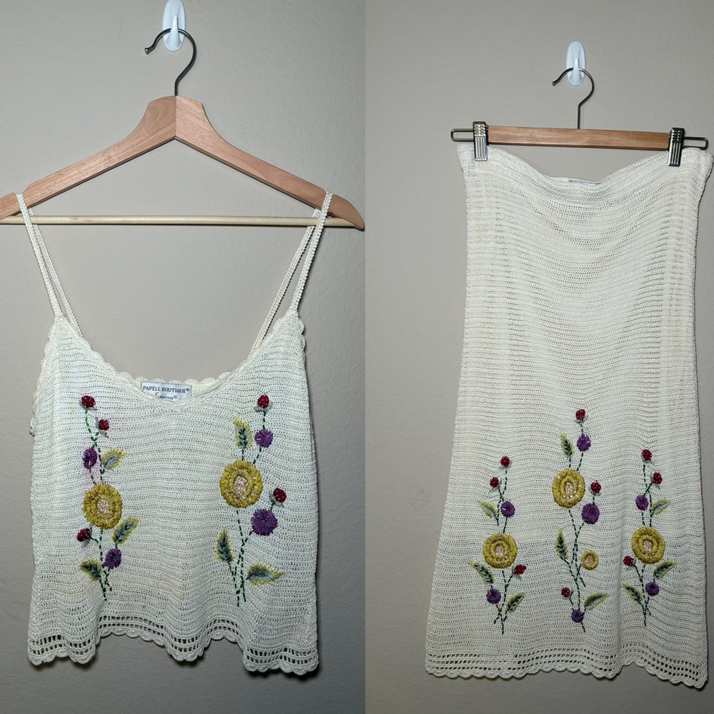 PAPELL BOUTIQUE EVENING Large ivory crochet beaded 2 pieces outfit